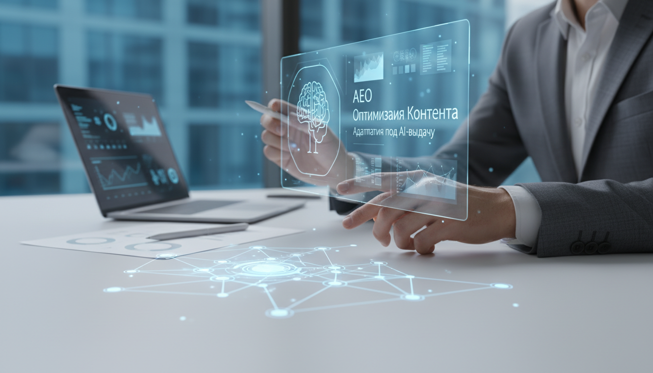 обложка для статьи про AEO Оптимизация Контента: Как Адаптировать Сайт под AI-выдачу