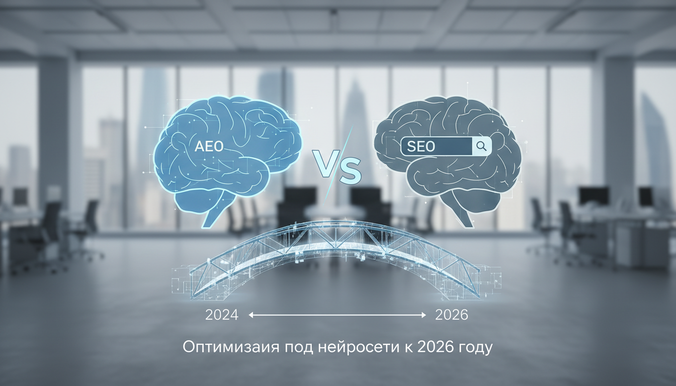 обложка для статьи про AEO vs SEO: Оптимизация под нейросети к 2026 году