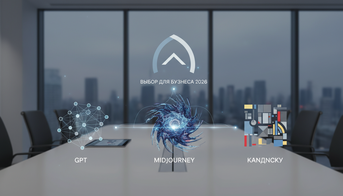 обложка для статьи про Сравнение GPT Midjourney Kandinsky: выбор для бизнеса 2026